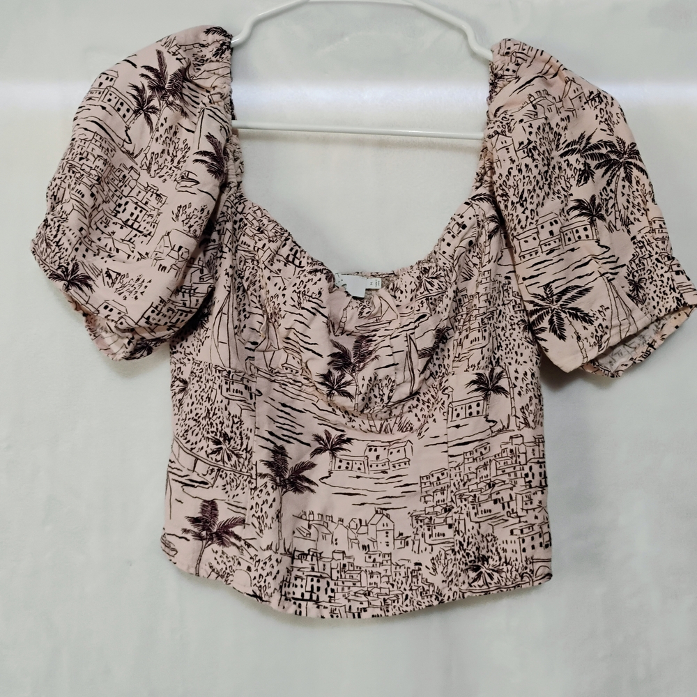 ASTR The Label Linen Blend‎ Medium Pink Cropped Top Shirt Toile Coastal Beach H
